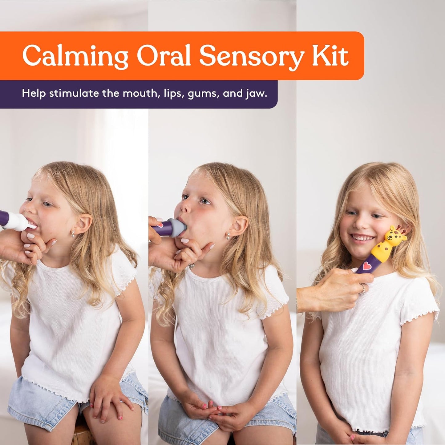 Purple oral massager with animal head held to child’s mouth