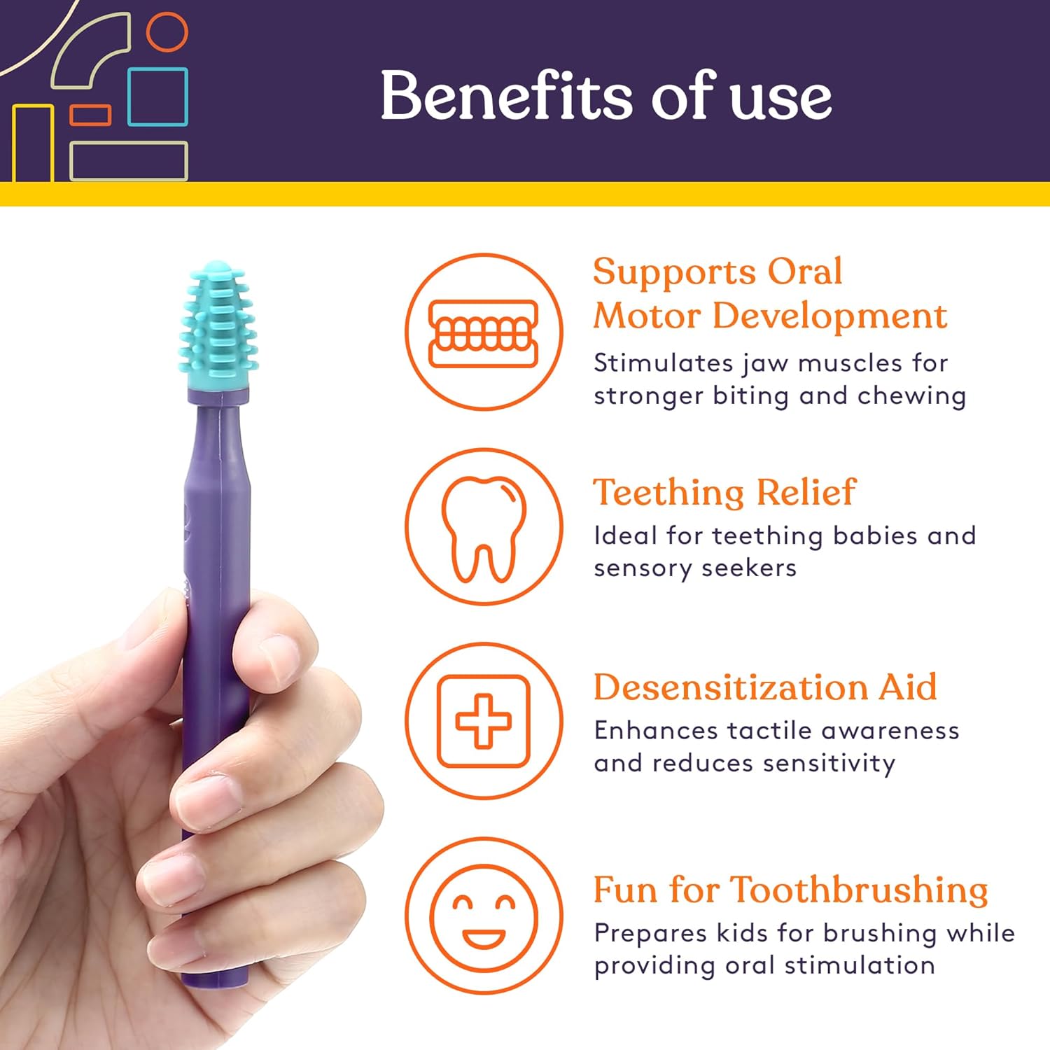 Silicone mouth brush with textured light-blue bristles on a purple handle