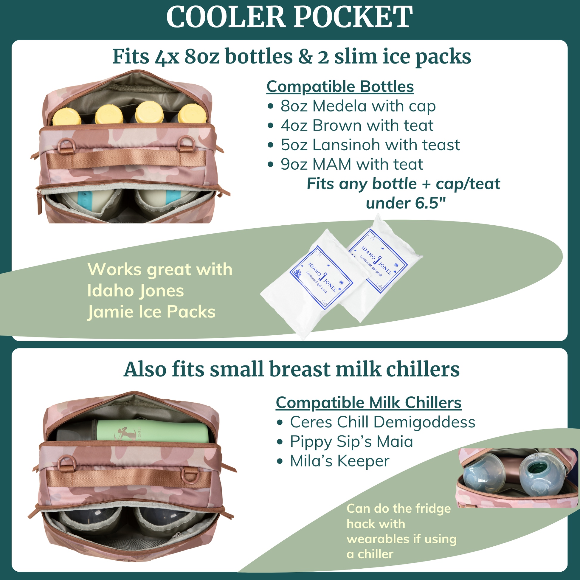 Pink camouflage cooler pocket area inside breast pump bag, shown with bottle fit.