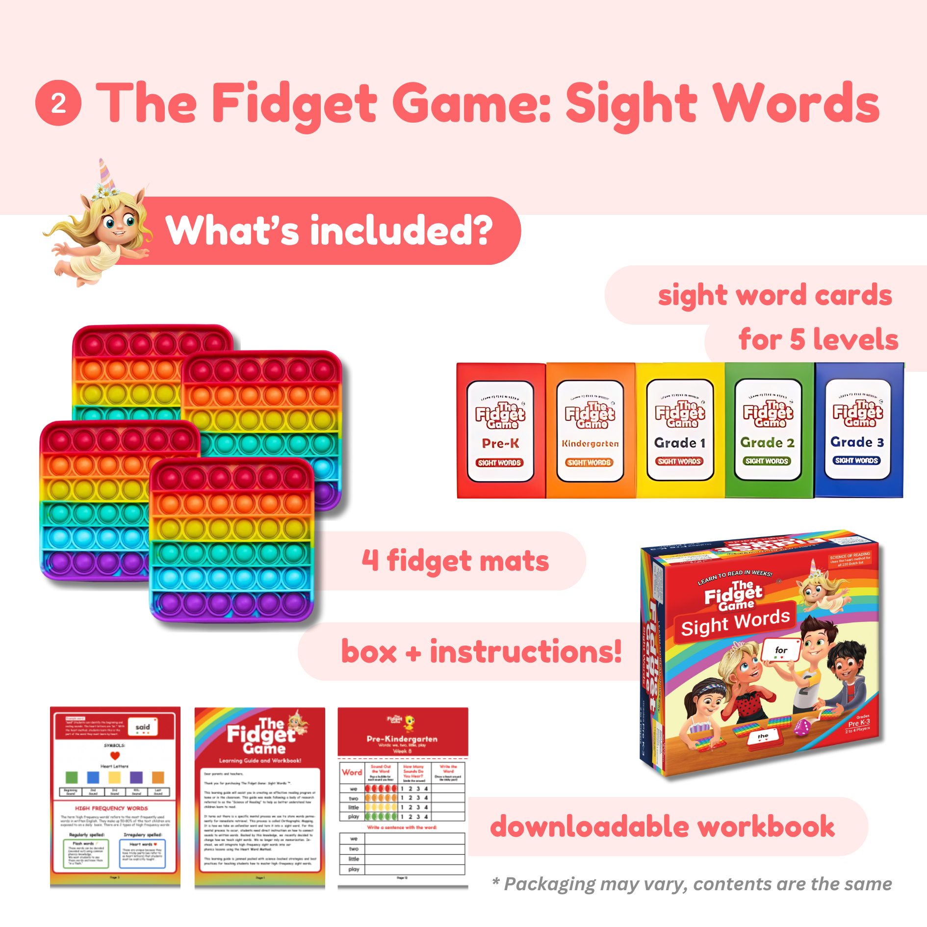 Colorful pop-it tile mats with word card packs and a learning game box