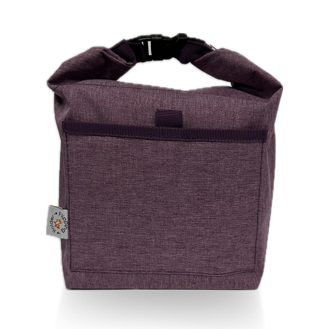 Purple thermal bag with roll-top closure and front pocket