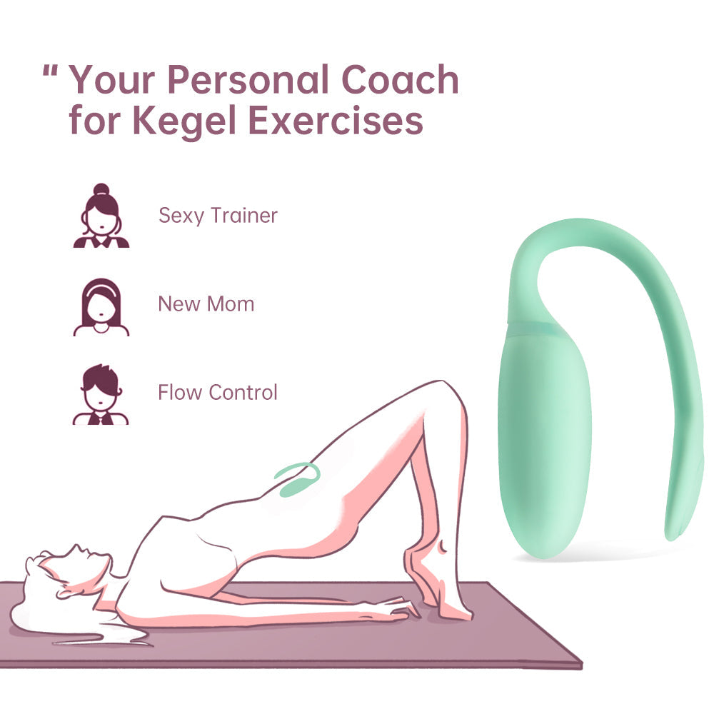 Mint green kegel exercise device in curved loop shape, with oval side panel