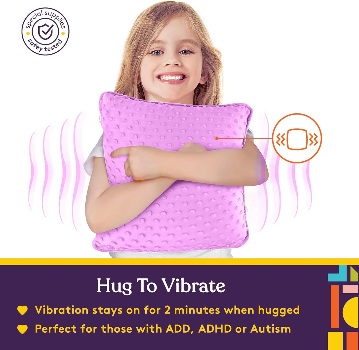 Purple textured hug pillow held against chest and arms
