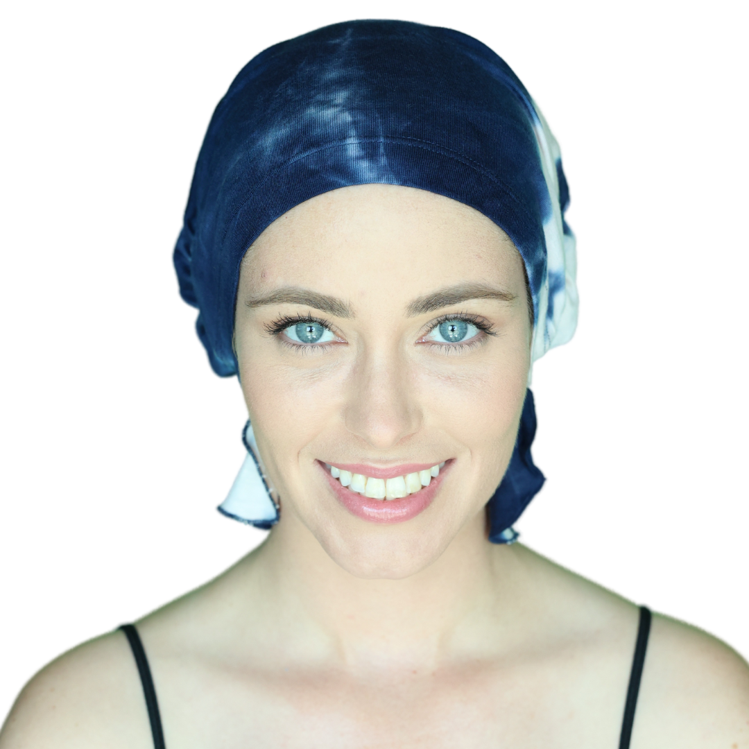 ELISE CHEMOBEANIES® chemo beanie in dark blue with light streaks, gathered side accent
