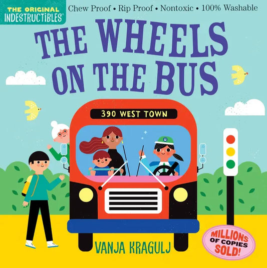 Chew-proof board book cover with a colorful bus and title “The Wheels on the Bus”