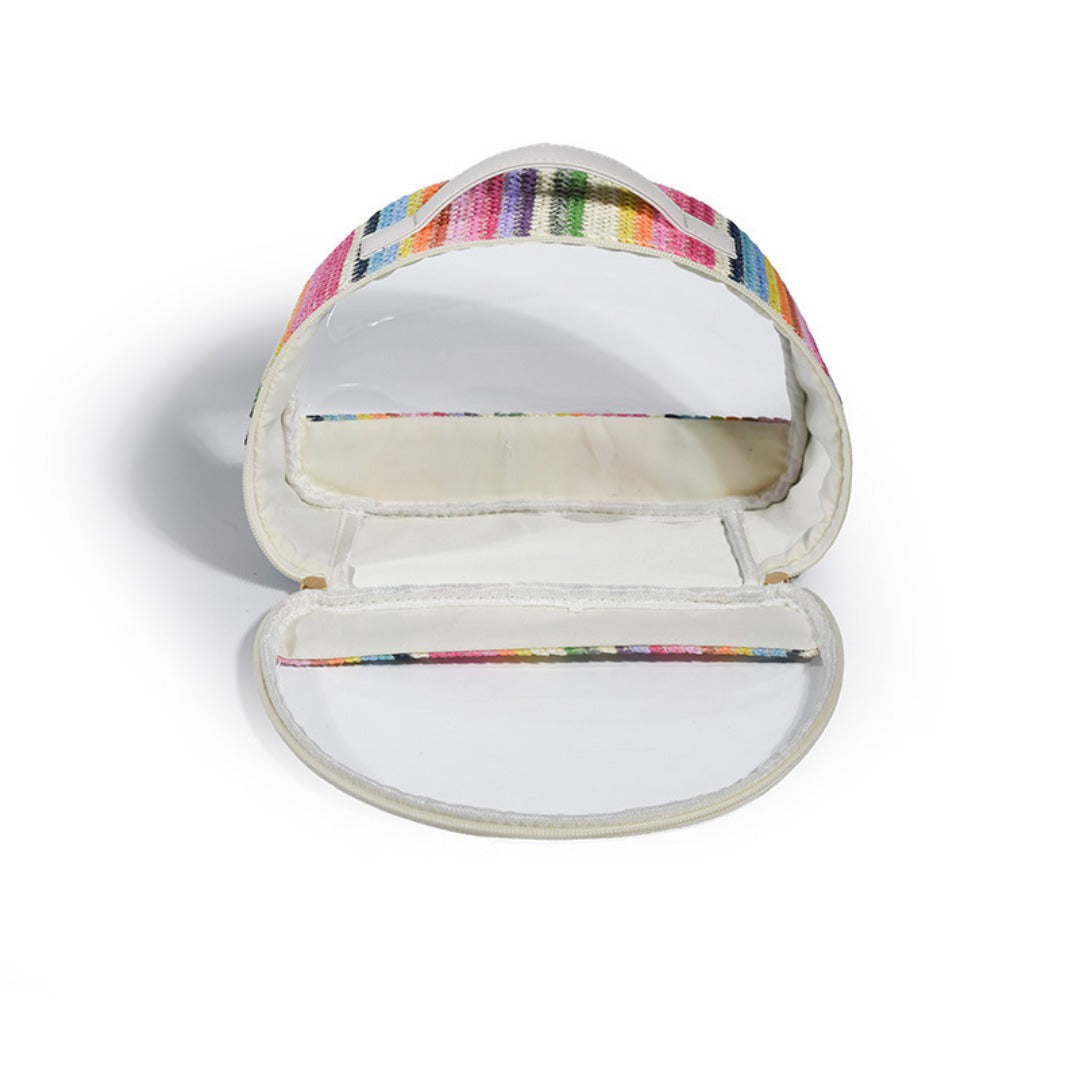 Rainbow striped clear cosmetic bag open, showing inner divider and rounded lid