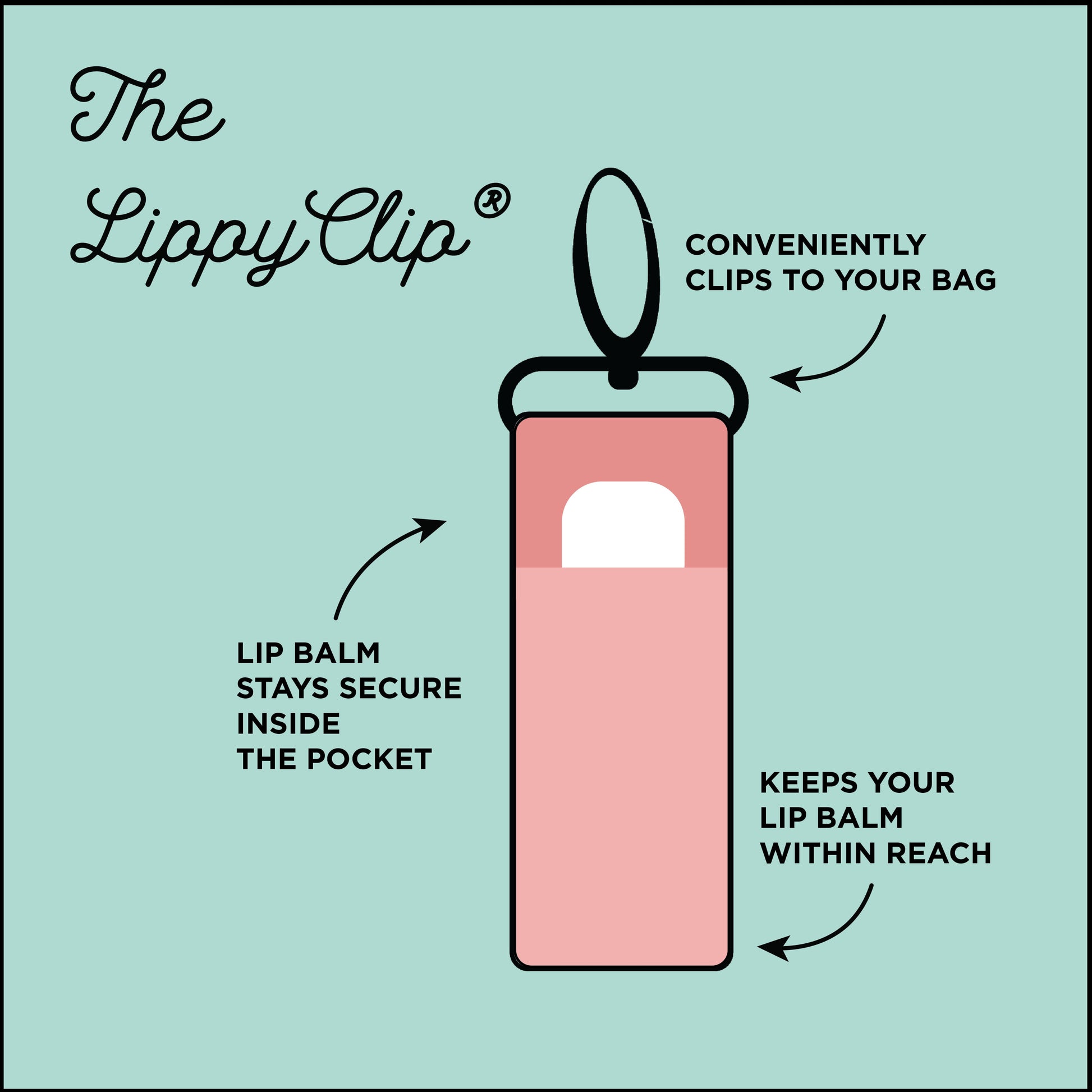 Diagram of the LippyClip lip balm holder with text explaining its features on a light blue background.