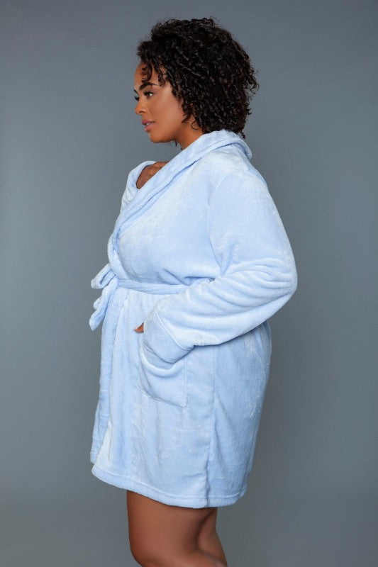 Light blue plush robe with hood and tie belt, side view