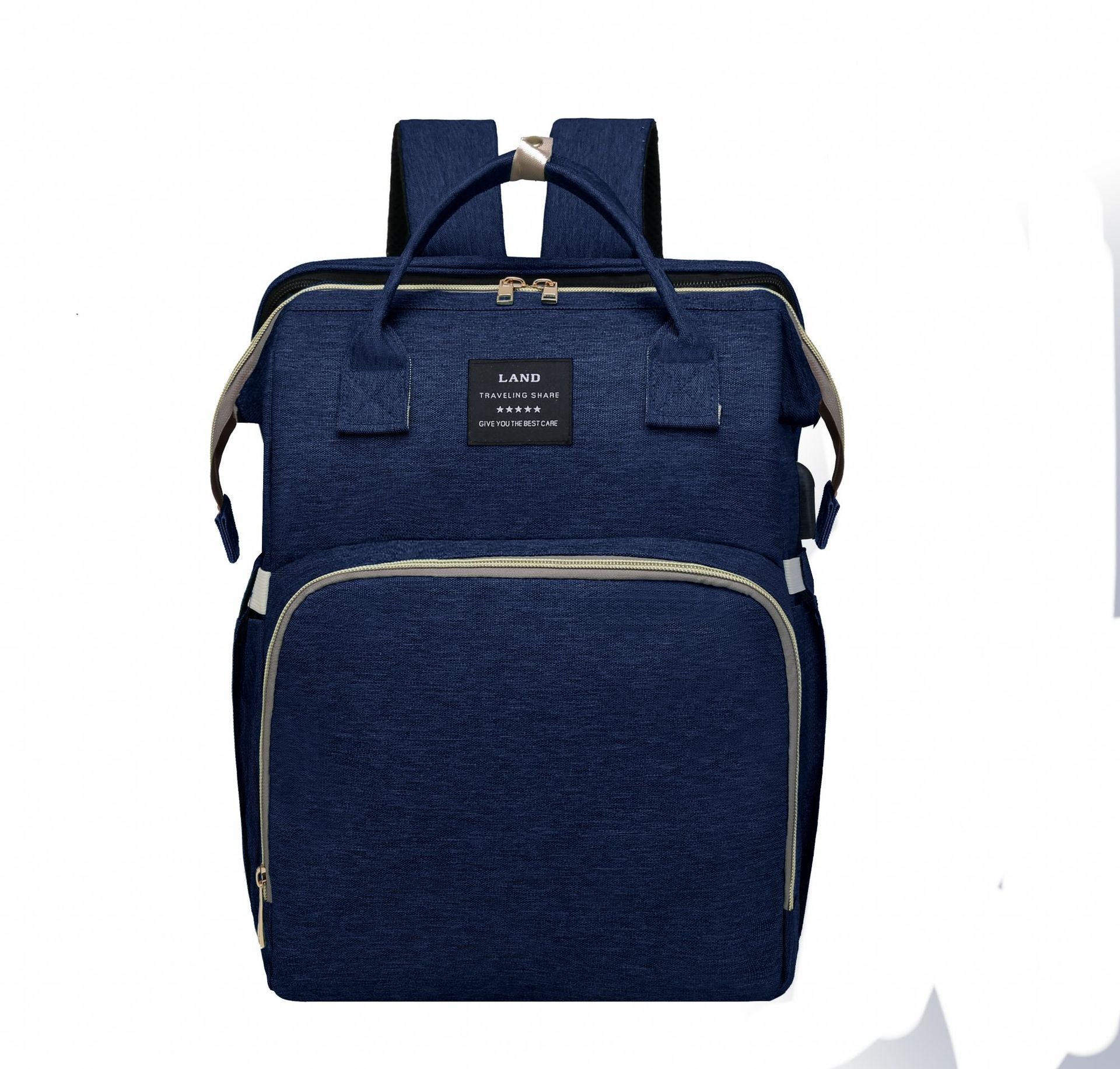 Dark blue insulated baby crib backpack with front zip pocket, top handle, and side straps