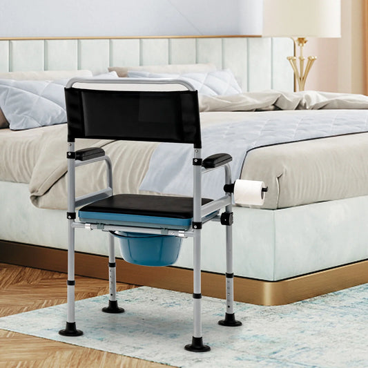Adult bedside commode chair with black back, padded seat, armrests, and blue commode bucket