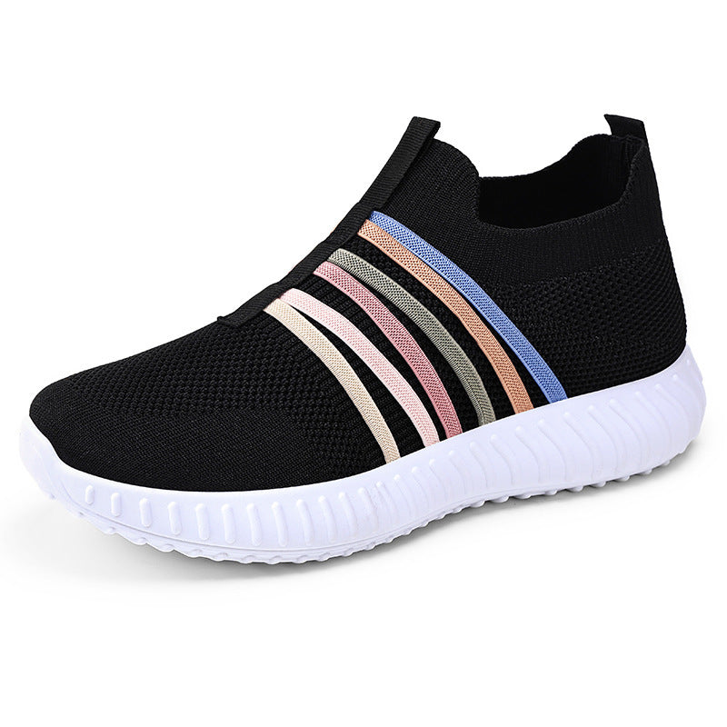 Black breathable knit slip-on shoes with multicolor striped band and white cushioned sole