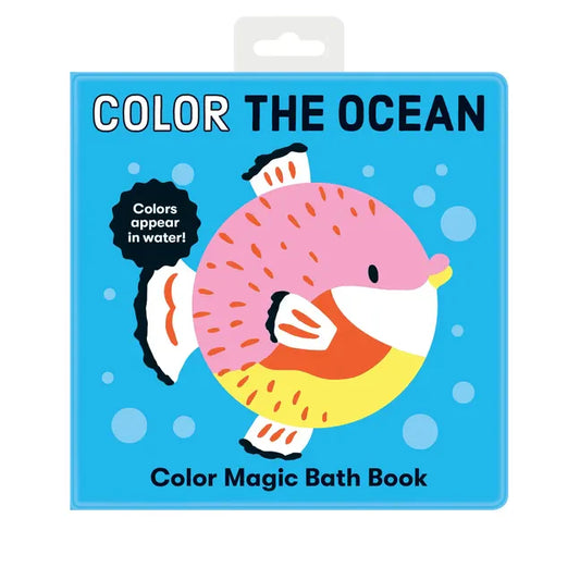 Color Magic Bath Book cover: Color the Ocean, illustrated sea creature on blue