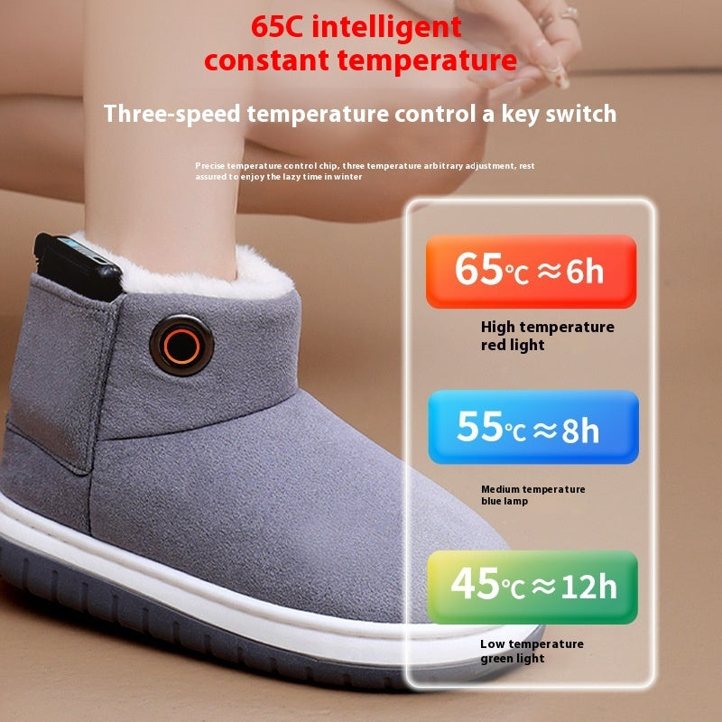 Grey electric heated cotton boots with faux-fur lining and side heating switch