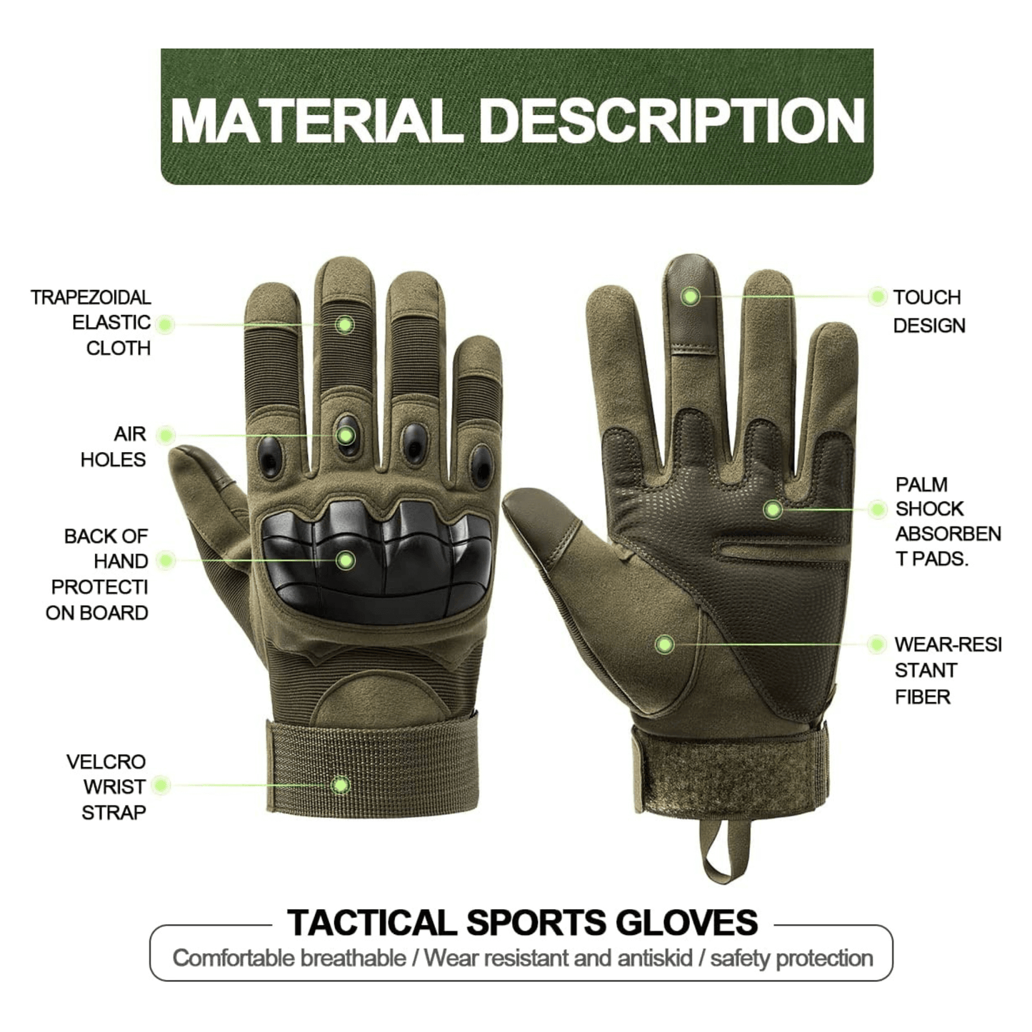 Tan tactical sports gloves features diagram with protective knuckle pads and wrist strap.