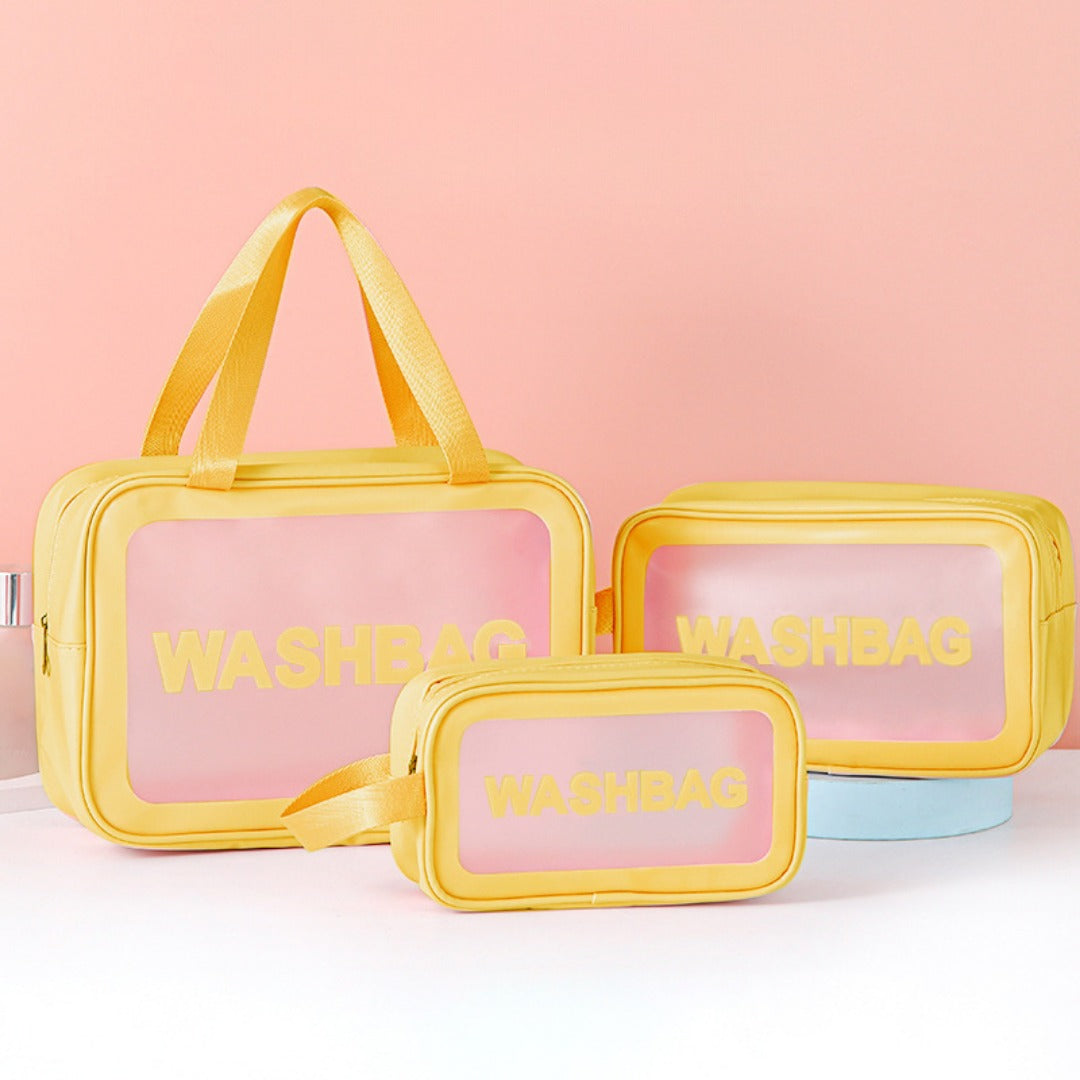 Yellow frosted PVC washbag set with translucent window: large toiletry bag and two pouches