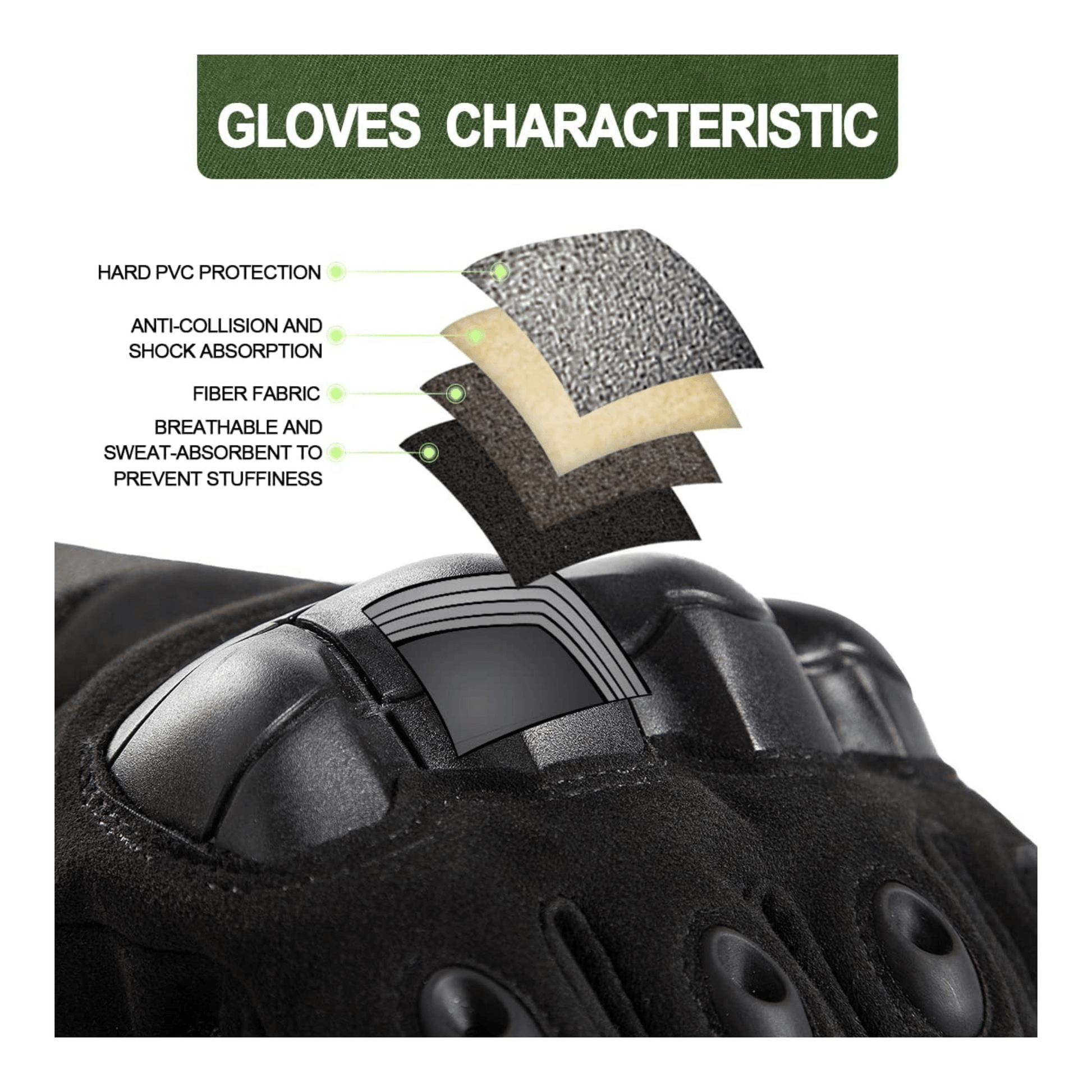 Black glove knuckle close-up with molded hard protection and stitched textured surface
