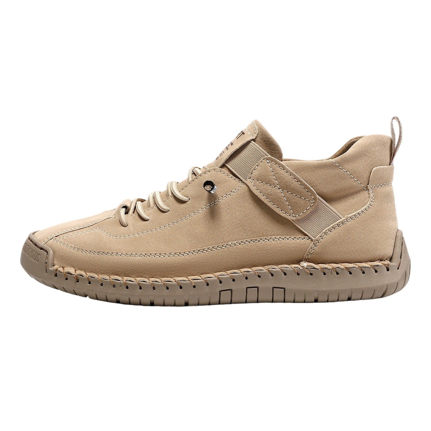 Casual leather boots in beige/tan with lace-up front, side strap, and durable tread sole.