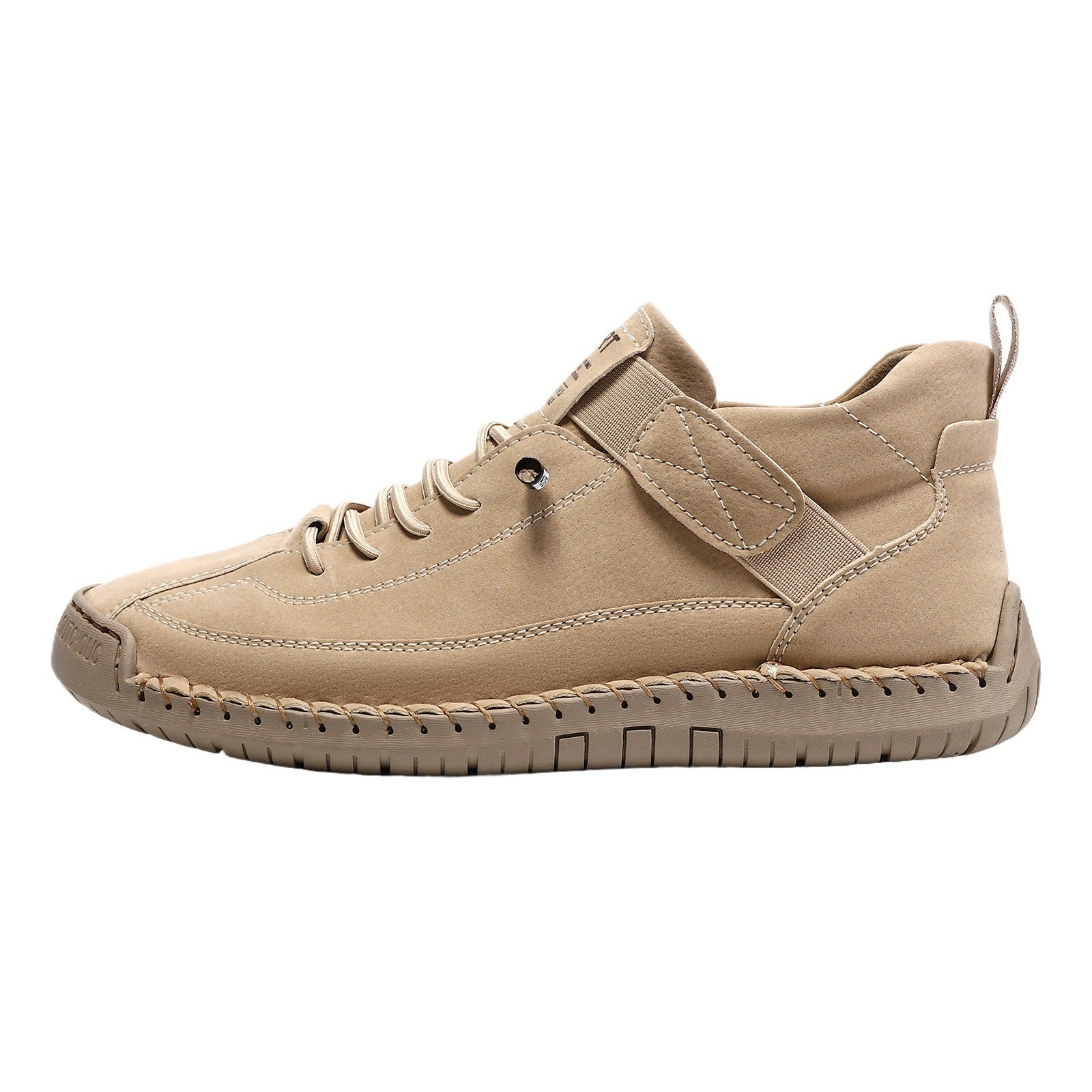 Casual leather boots in beige/tan with lace-up front, side strap, and durable tread sole.