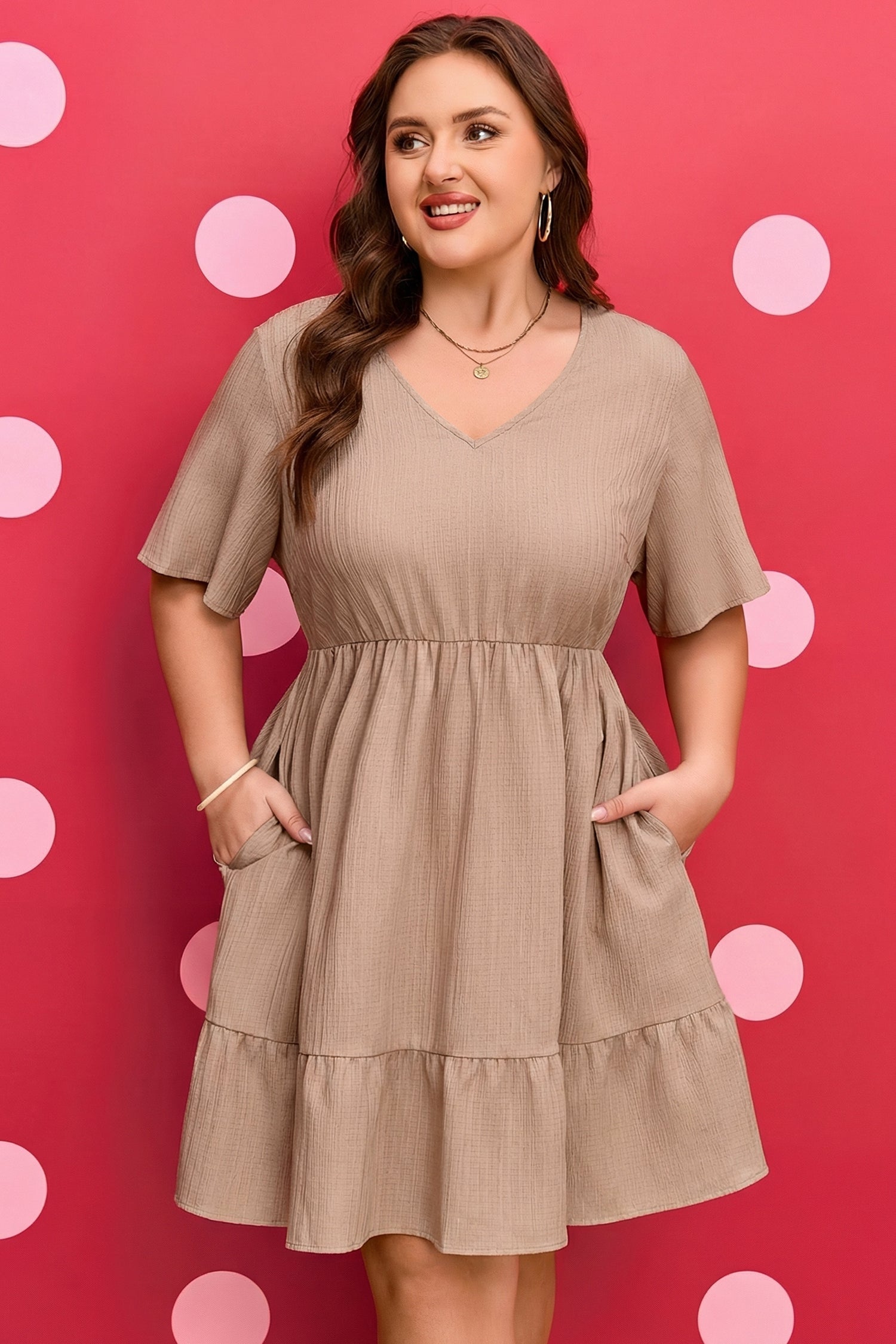 Dark khaki PLUS short-sleeve tiered dress with V-neck and gathered waist