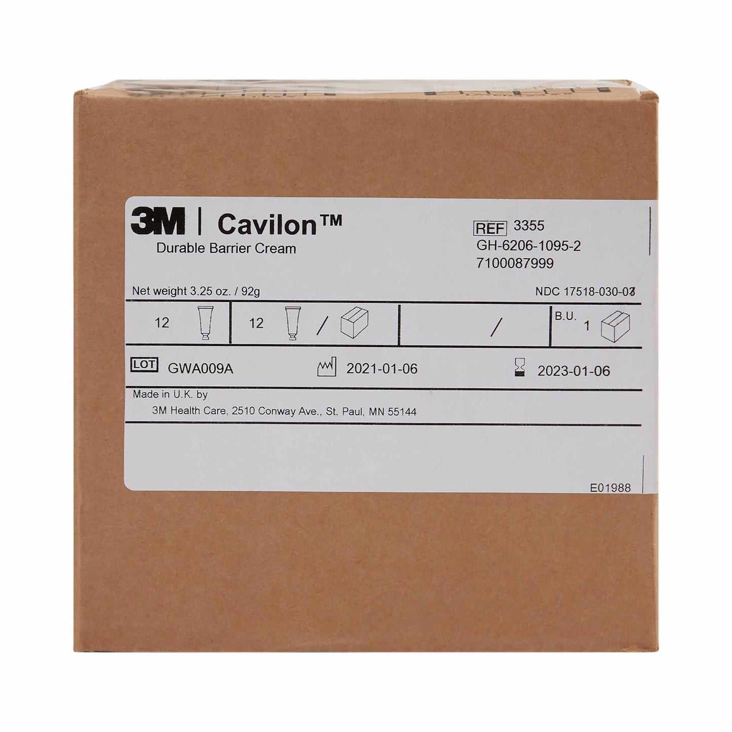 Cavilon Durable Barrier Cream 3.25 oz case label, 12 units