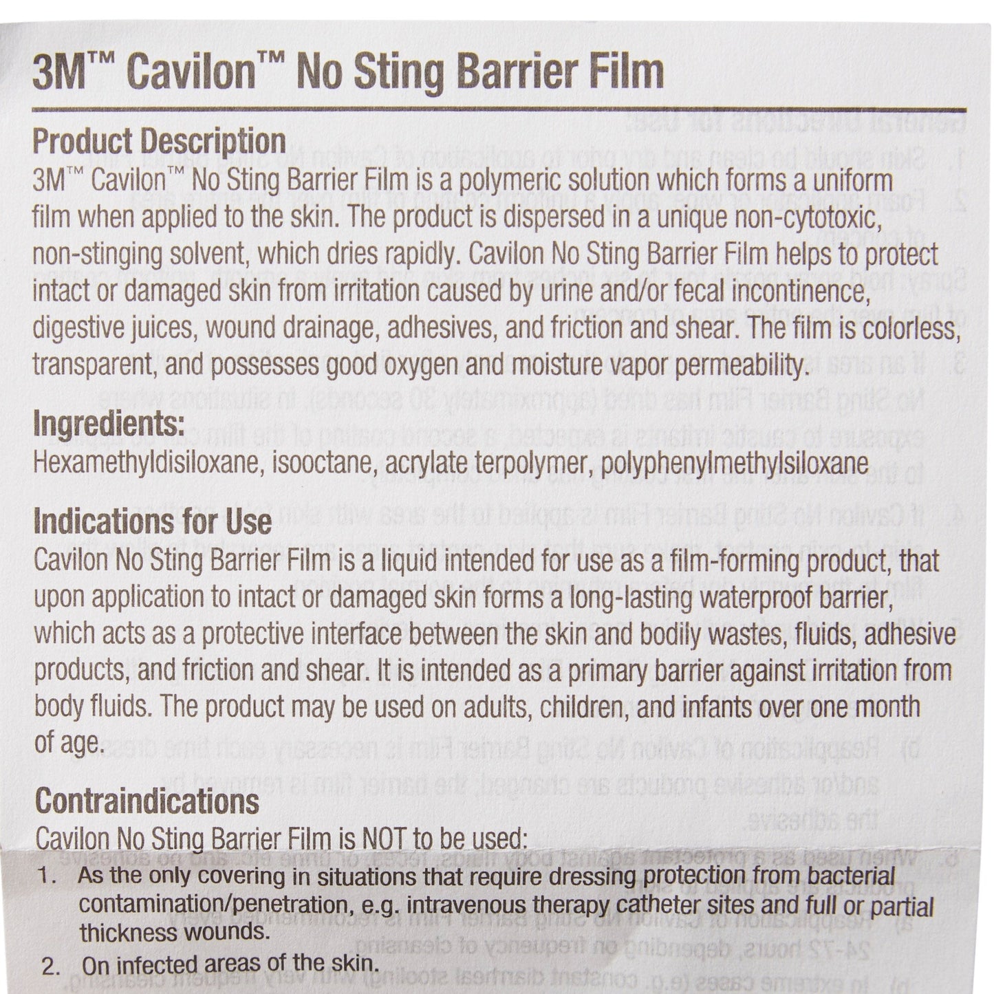 Cavilon No Sting Barrier Film product description panel with ingredients and directions