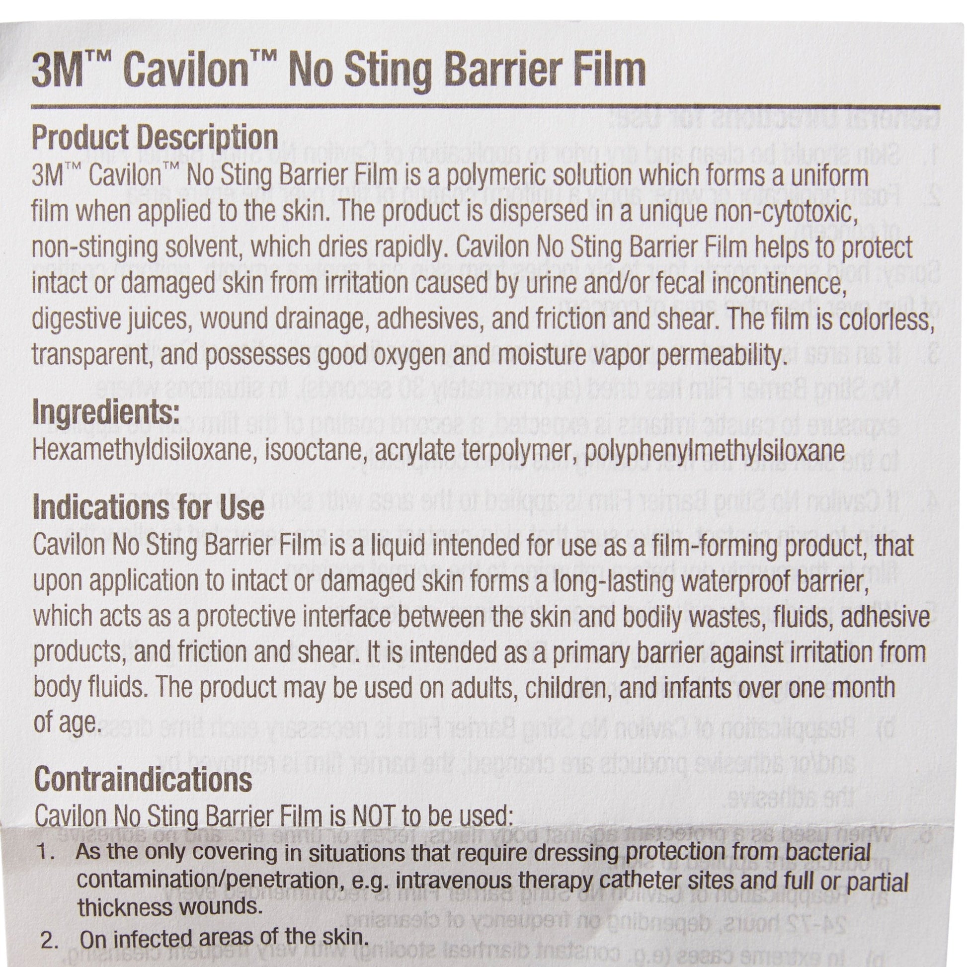 Cavilon No Sting Barrier Film product description panel with ingredients and directions