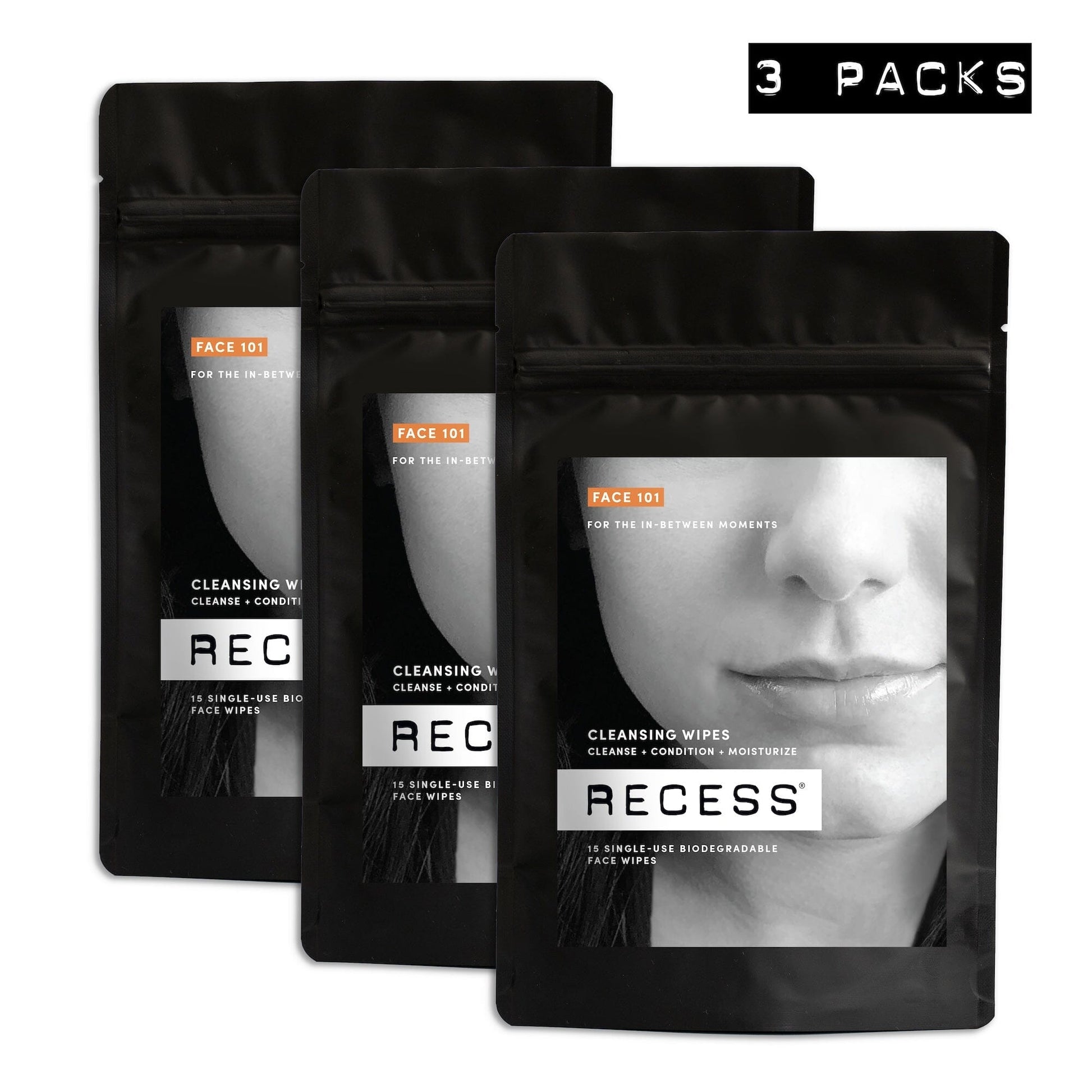 Three packs of Recess face wipes on a white background