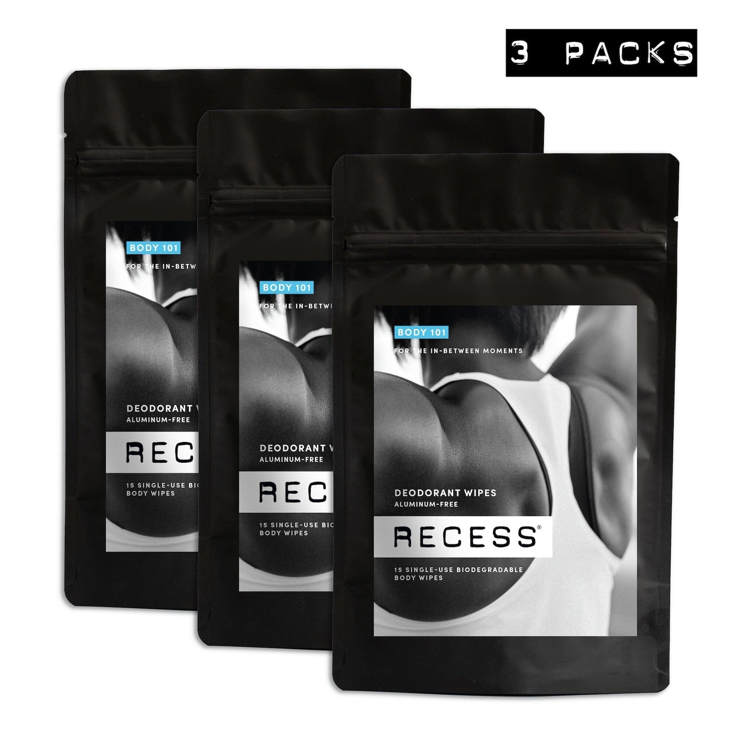 Three packs of recess deodorant and wipes on a white background
