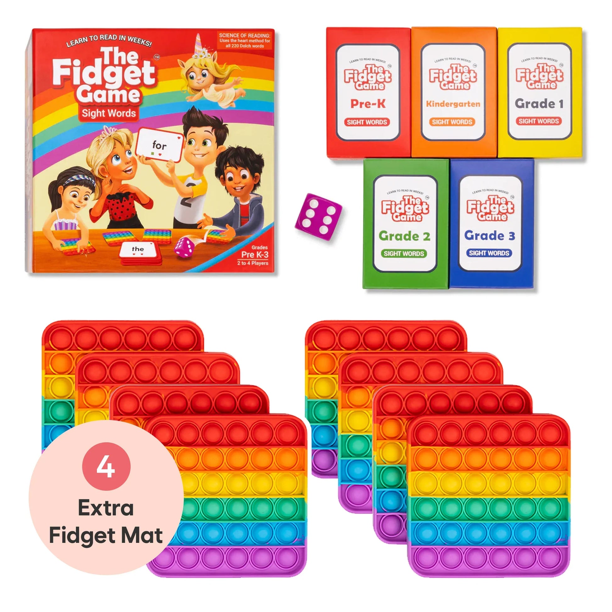 Sight-word fidget game set with box, level cards, rainbow pop-it mats, and purple dice