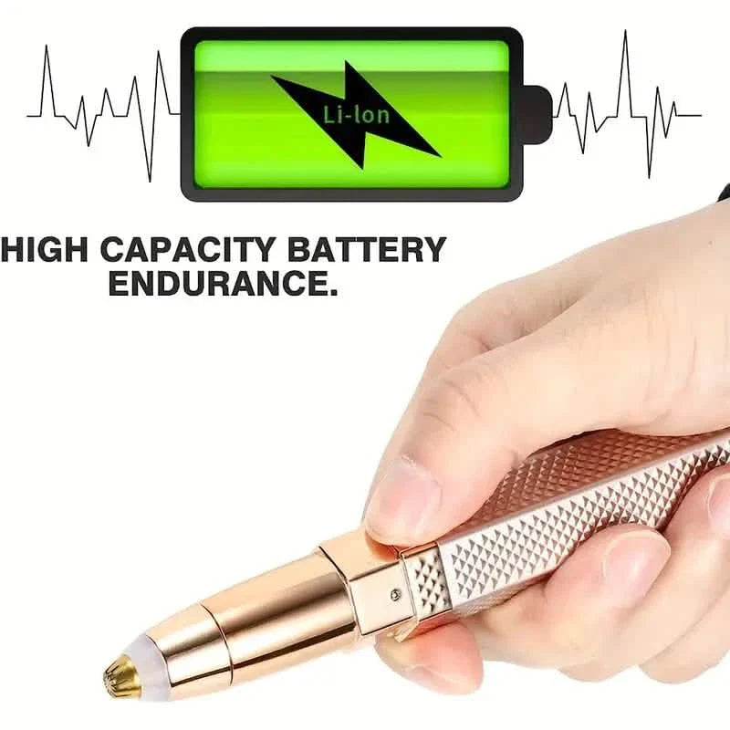 Facial electric shaver held in hand with textured grip and charging endurance graphic
