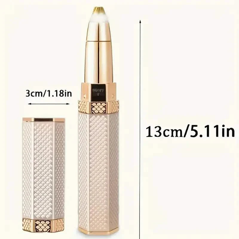 Compact facial electric shaver measuring about 13 cm long with interchangeable cutter head