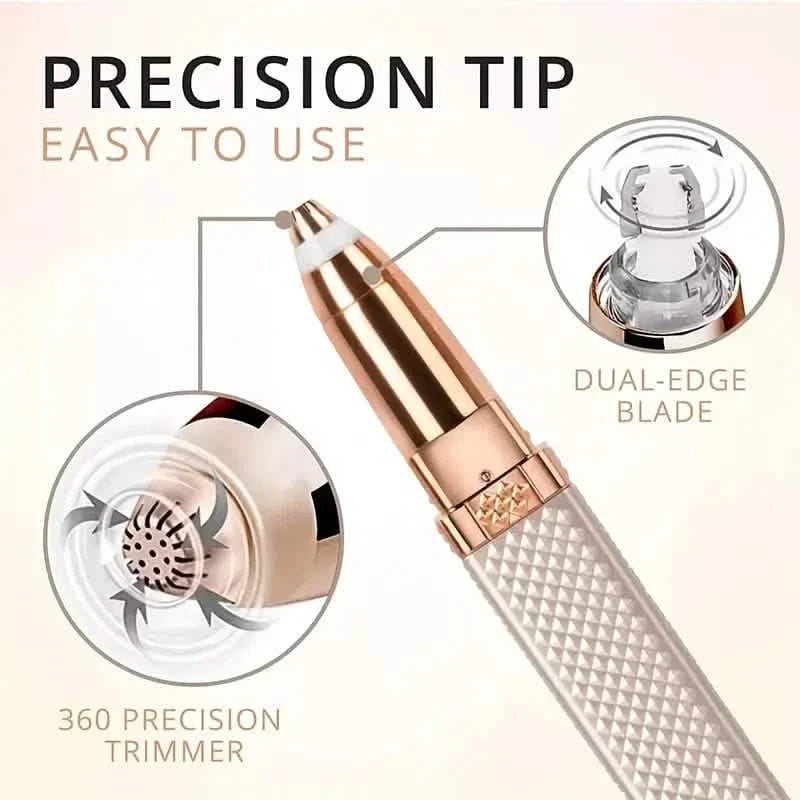 Precision trimmer tip with circular dual-edge blade head on a textured rose-gold body