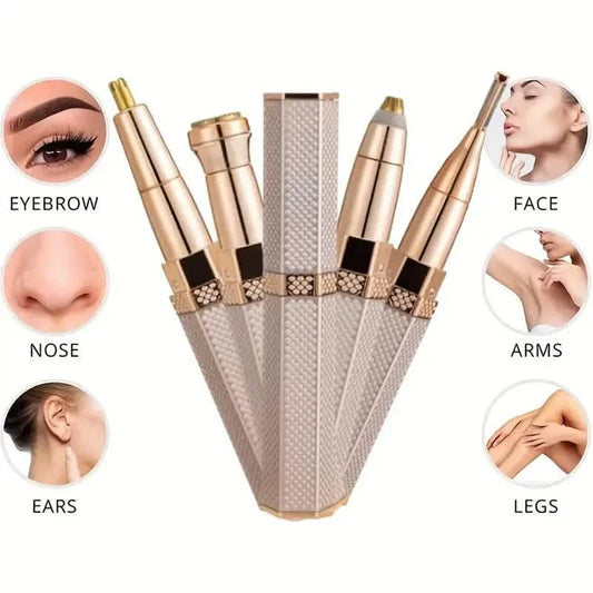Facial electric shaver set with four trimming heads shown for face, eyebrow, nose, ears