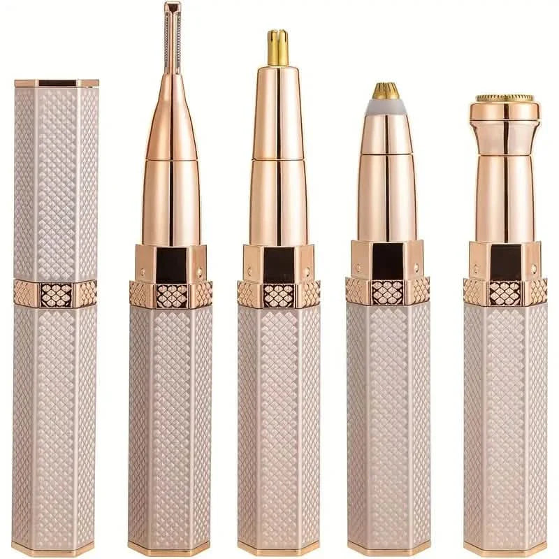 Facial electric shaver with four interchangeable heads and textured handle, rose-gold color