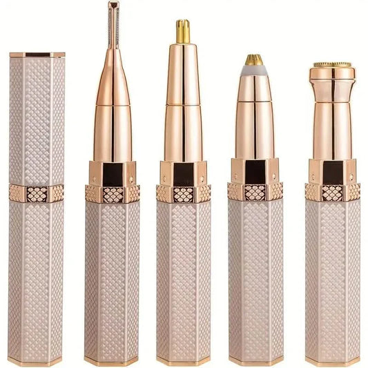 Facial electric shaver with four interchangeable heads and textured handle, rose-gold color