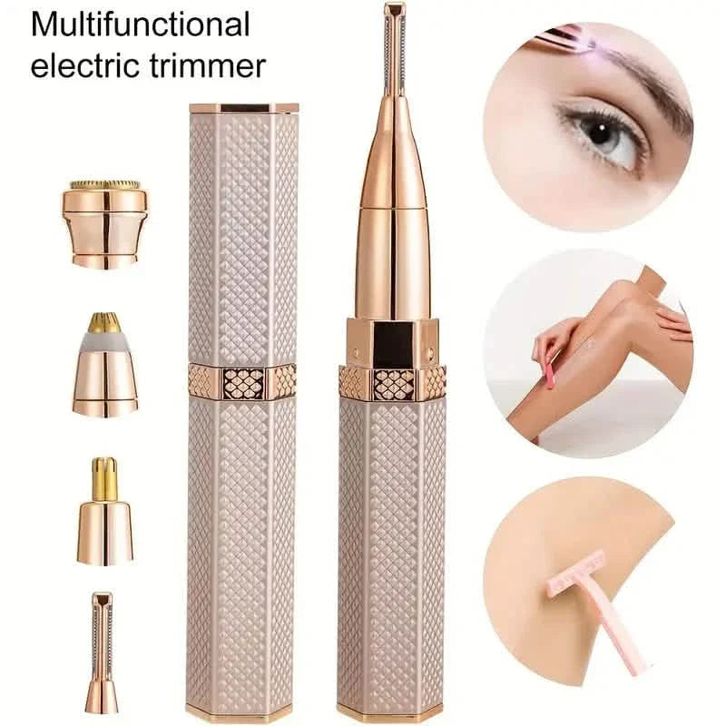 Multi-head facial electric shaver with four attachments and face-trimming head included