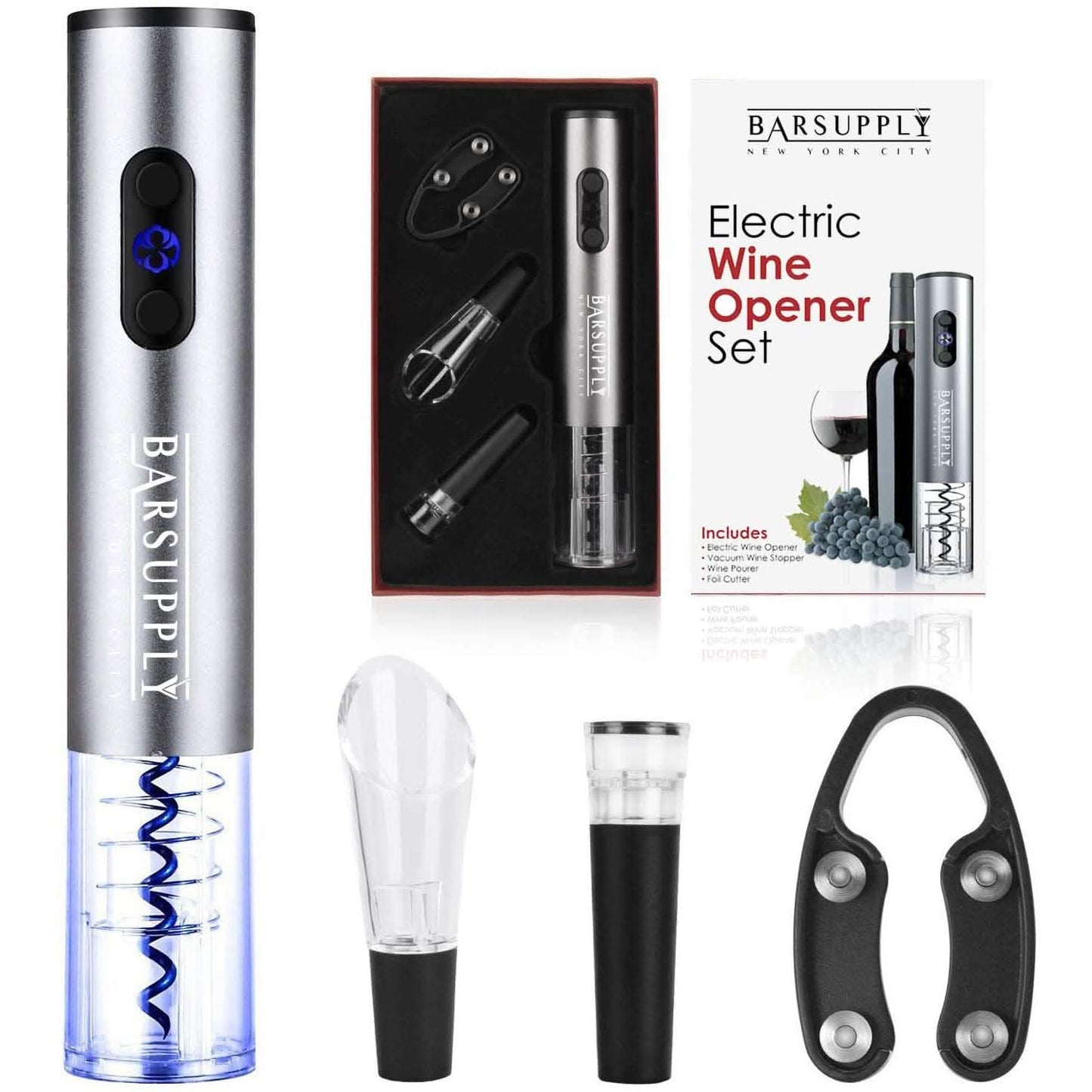 Electric wine opener set components: opener, wine pourer, vacuum stopper, and foil cutter