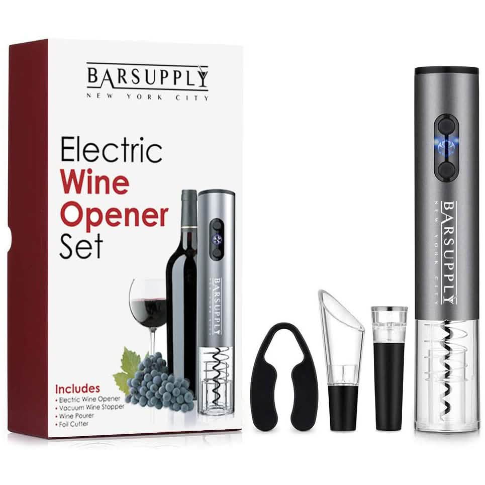 Electric wine opener set with foil cutter, wine pourer, and vacuum stopper accessories