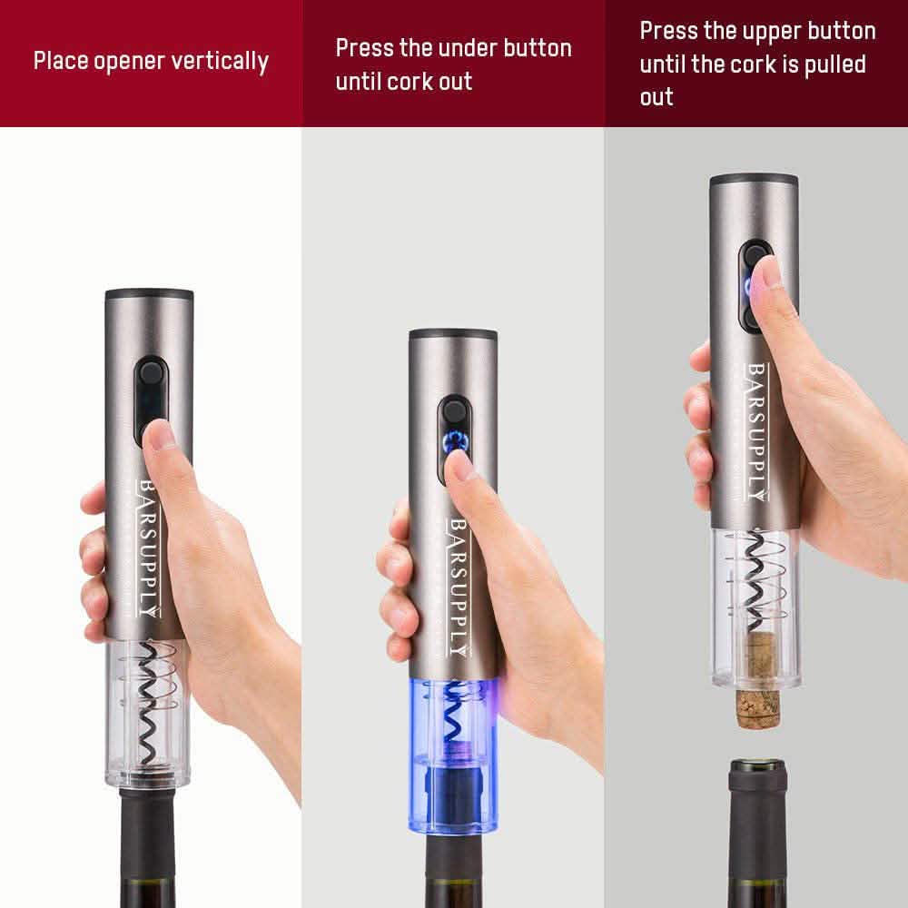 Electric wine opener pressed by hand to pull a wine cork from the bottle