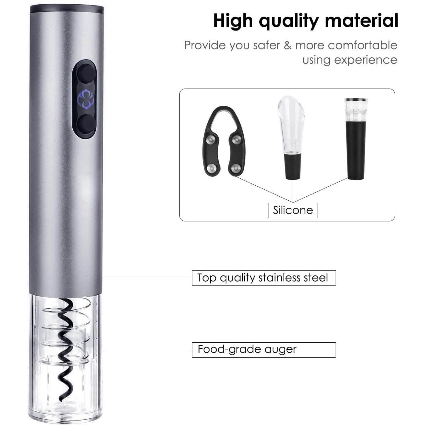 Electric wine opener with stainless steel body and cork-screw mechanism