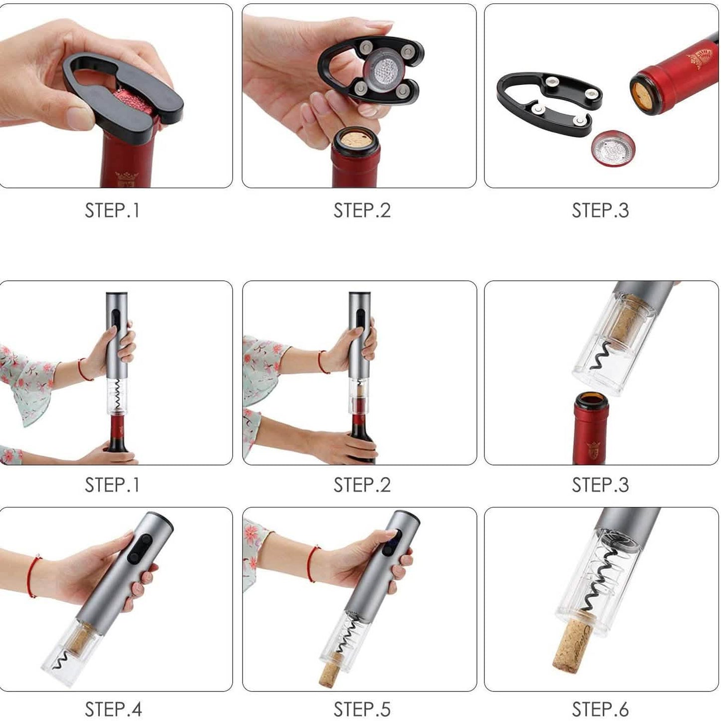 Electric wine opener set in use with foil cutter, stopper, and cork-removal tool