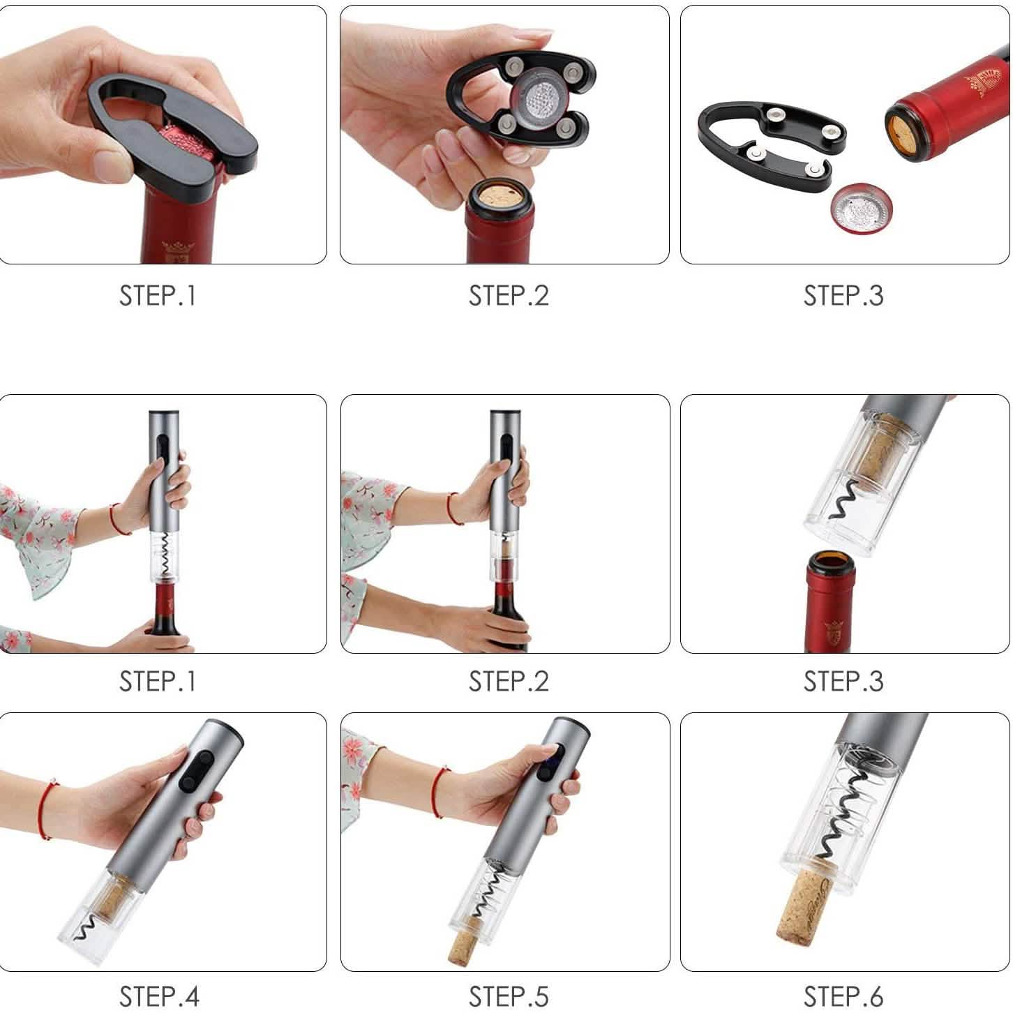 Electric wine opener set in use with foil cutter, stopper, and cork-removal tool