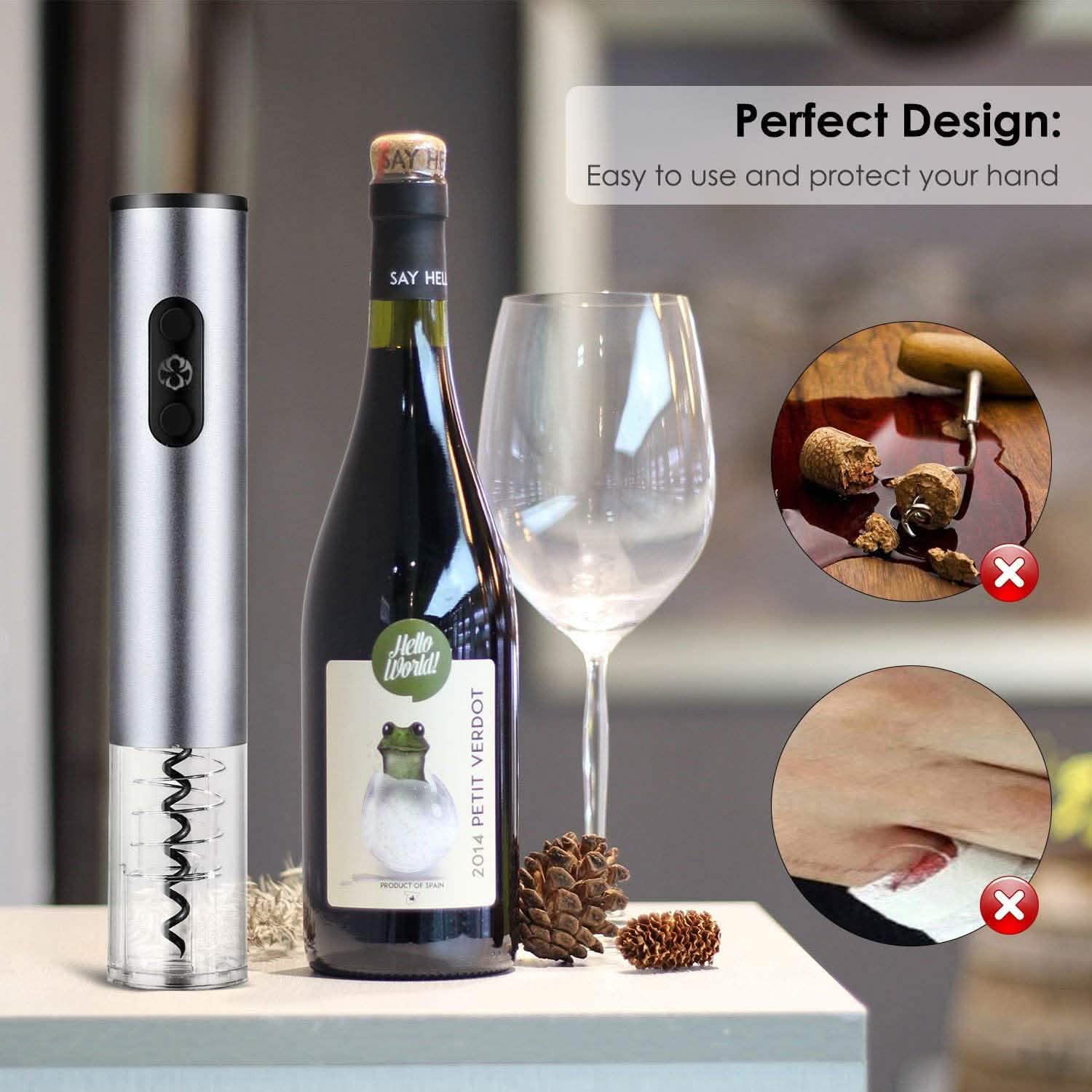 Electric wine bottle opener inserted into a wine bottle beside a wine glass