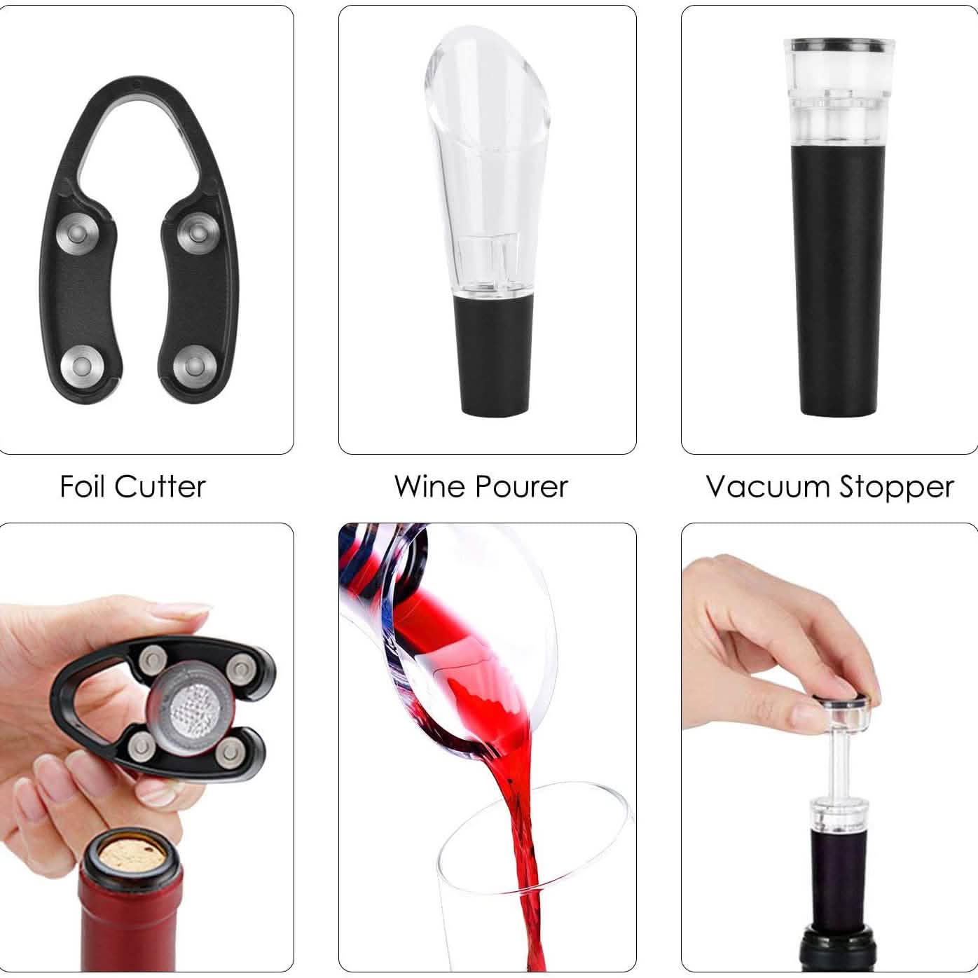 Electric wine opener accessories: foil cutter, wine pourer, and vacuum stopper