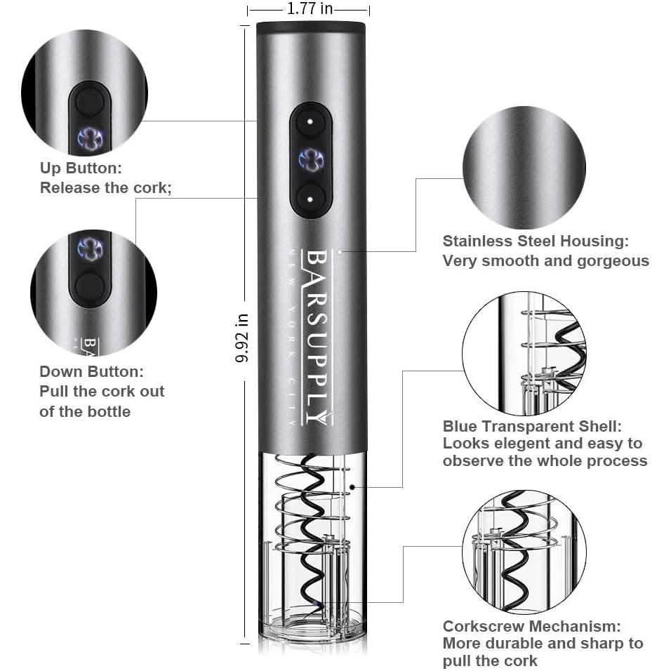 Electric wine opener with stainless housing and blue-lit cork release mechanism