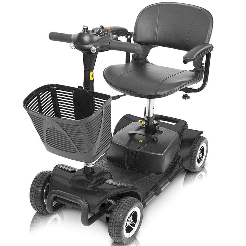 Black 4-wheel mobility scooter with padded seat and front basket