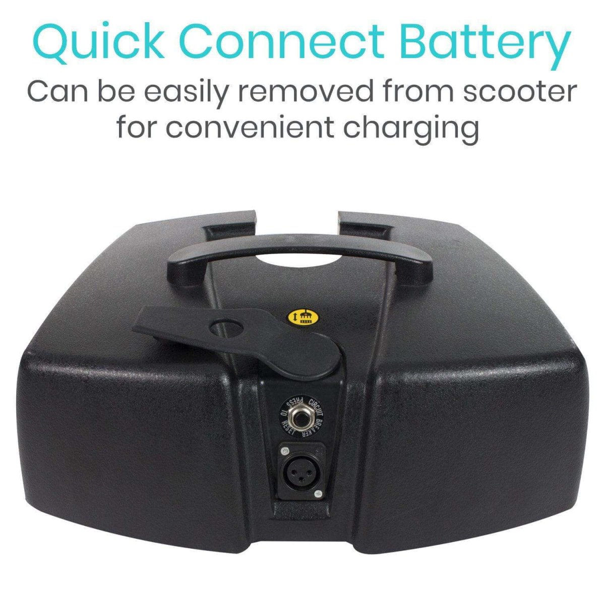 Black scooter battery pack with charging connectors and carry handle