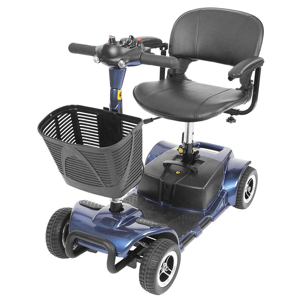 Blue 4-wheel mobility scooter with black seat, armrests, and front basket