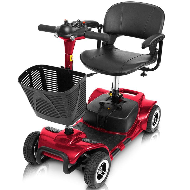 Red 4-wheel mobility scooter with black seat and front basket, angled front view