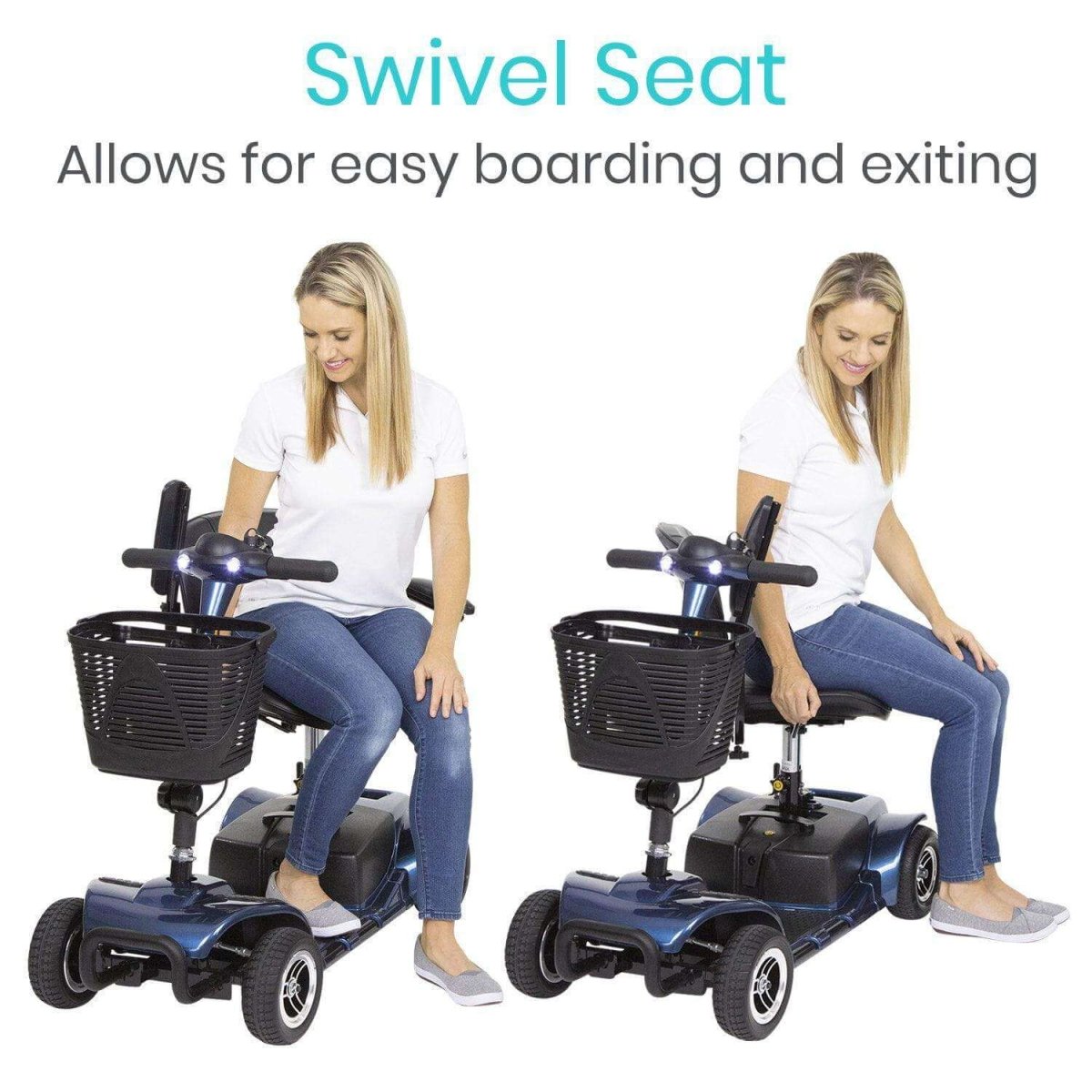 Blue mobility scooter with padded seat and front basket, showing easy boarding
